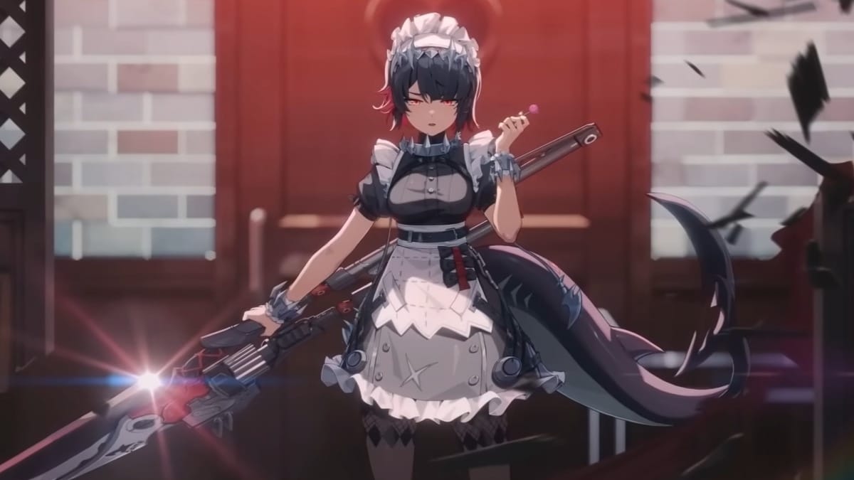 Zenless Zone Zero Twitch Drops: A girl in a maid outfit wielding a large sword in a cafe with a red door behind her.