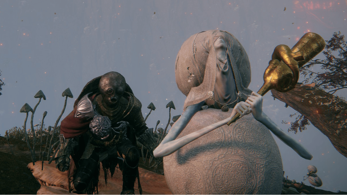 Elden Ring has perfected the disgusting little freak: A player in armour with a giant helmet next to a creature in white cloth holding a brass horn.