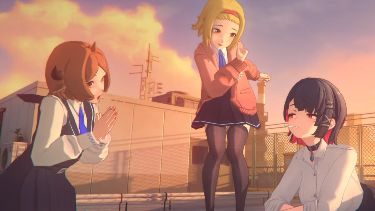 Is Zenless Zone Zero multiplayer: Three girls in school uniforms looking at each other on the roof of a building.
