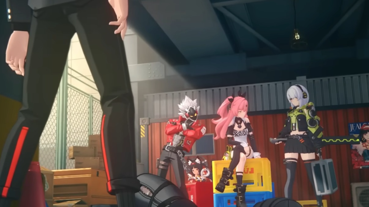 Zenless Zone Zero cross progression: A pair of legs in the foreground with two girls and a masked man in the background to the right.