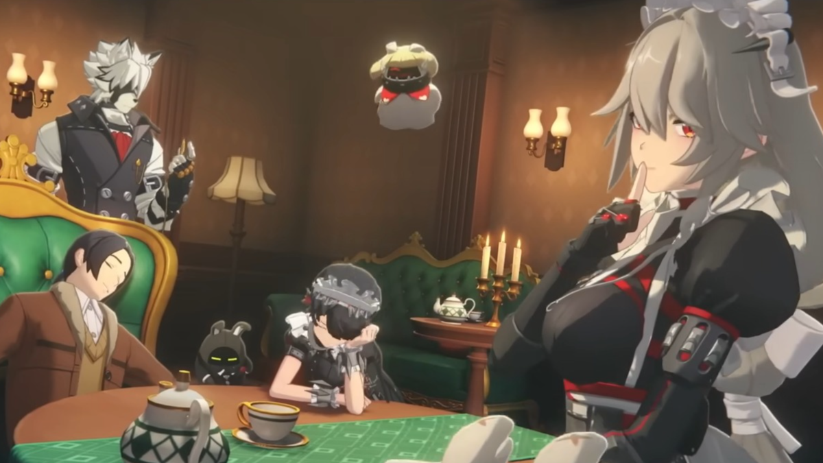 Zenless Zone Zero Download Failed error: A girl with grey hair and a black dress with her finger to her lips with three characters at a table in the background.