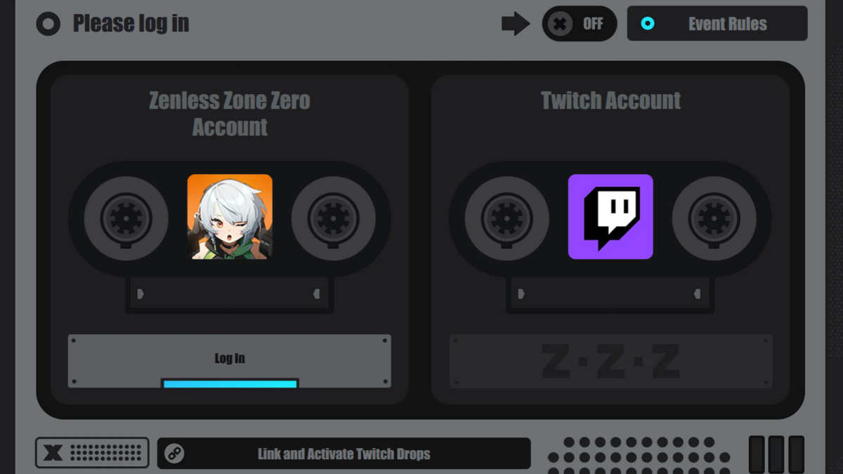 Zenless Zone Zero Twitch Drops: A set of two tapes in a tape player denoted as 'Zenless Zone Zero Account' and 'Twitch Account'.